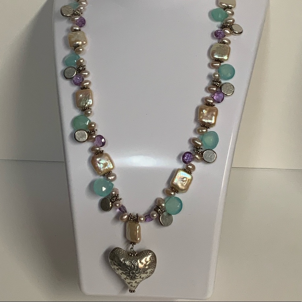 Vintage Sterling Silver Pearl Gemstone Necklace - Picture 4 of 9